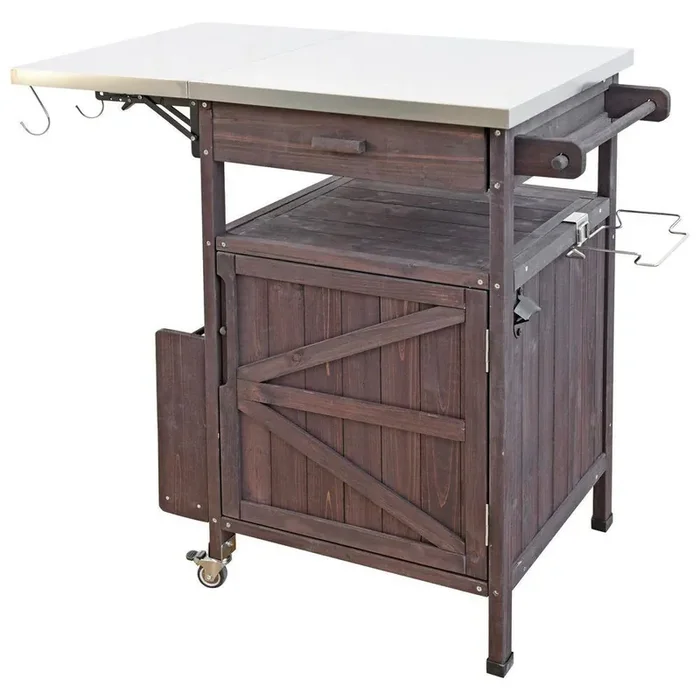 40.5 in. Brown Outdoor Grill Cart, Rolling Kitchen Cart with Stainless Steel Top, Lockable Wheels and Towel Rack