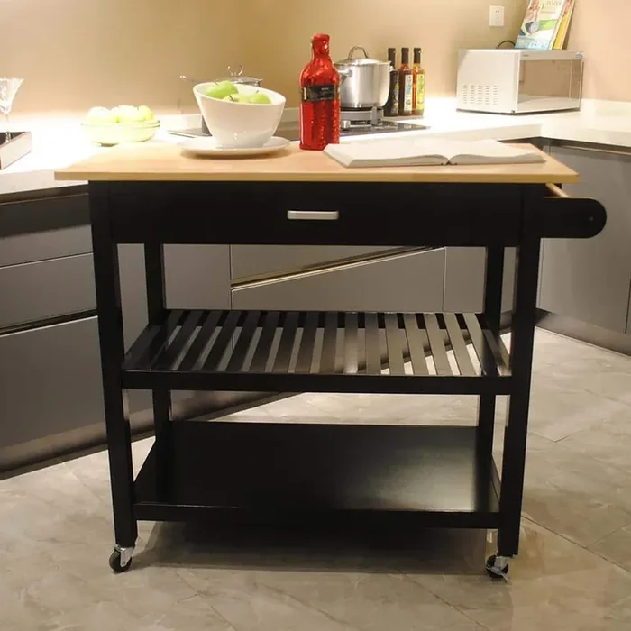 40 in. W Black Wood Kitchen Island with 2-Lockable Wheels