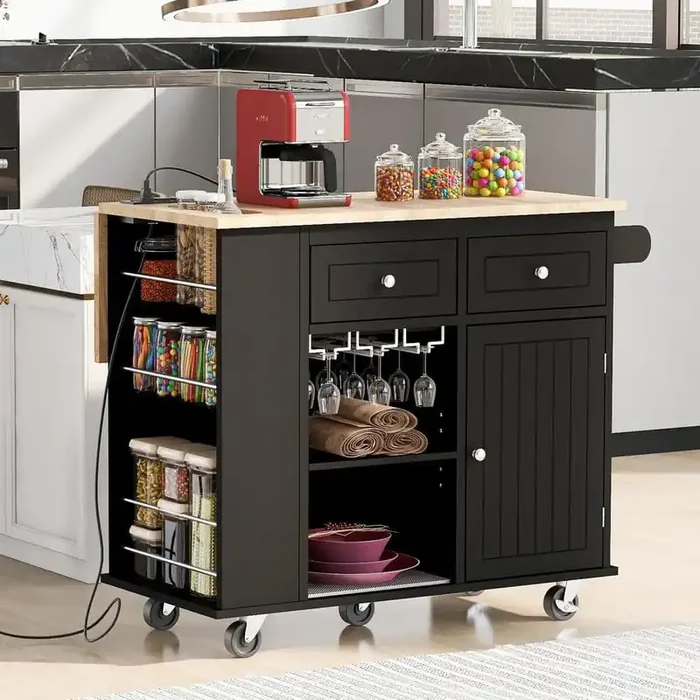 41 in. Black Rubber Wood Top Kitchen Cart Island with Power Outlet, Drop Leaf, Wine Rack, and Wheels
