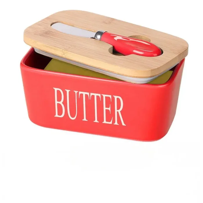42.5 oz. Red Ceramic Butter Dish with Wooden Lid and Stainless Steel Knife Spreader for 2 Standard Sticks of Butter