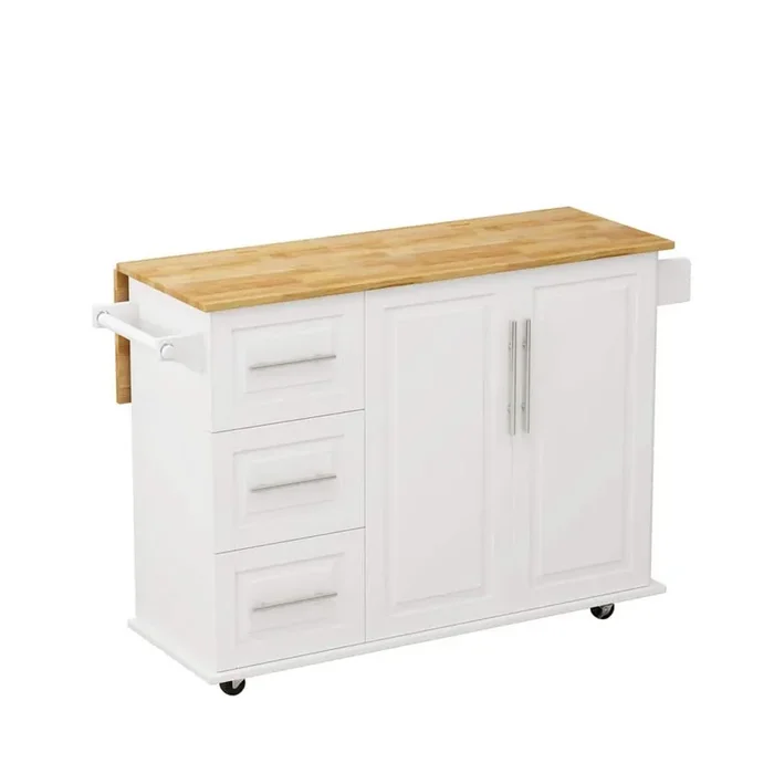 43 in. Kitchen Cart with 2 Door Cabinet and 3 Drawers in White