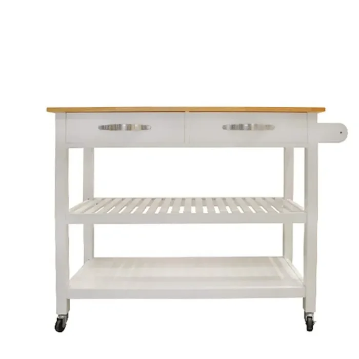 45.00 in. White Wood Kitchen Cart with 2 Lockable Wheels, Rubber Wood Top and 2-Drawers