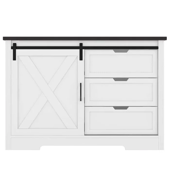 47.2 in. W x 15.7 in. D x 31.8 in. H White Pantry Cabinet With 3 Drawers and Sliding Doors with Black Top