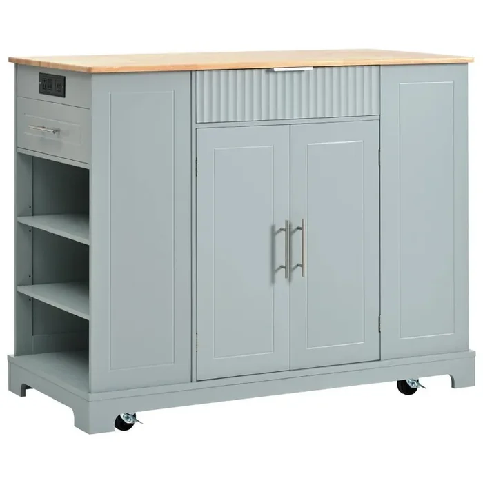 48.5 in. W Grey Blue Kitchen Cart with Power Outlet, Kitchen Islands with Locking Wheels, 3 Drawers and 3 Side Racks