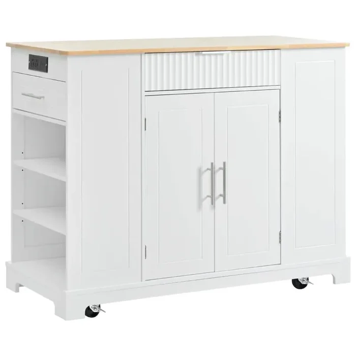 48.5 in. W White Kitchen Cart with Power Outlet, Kitchen Islands with Locking Wheels, 3 Drawers and 3 Side Racks