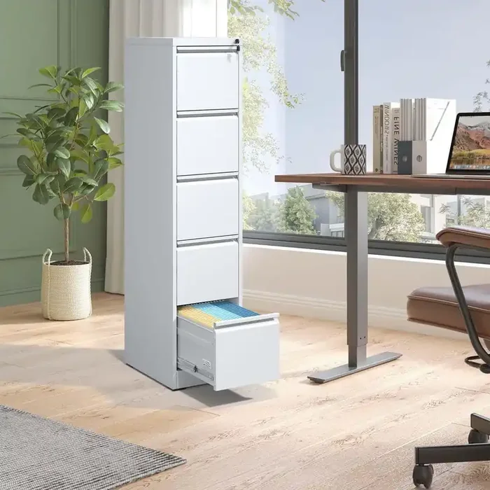 5 Drawer Metal Vertical File Cabinet with Lock Office Home Pantry Organizer for A4 Legal/Letter Size, White