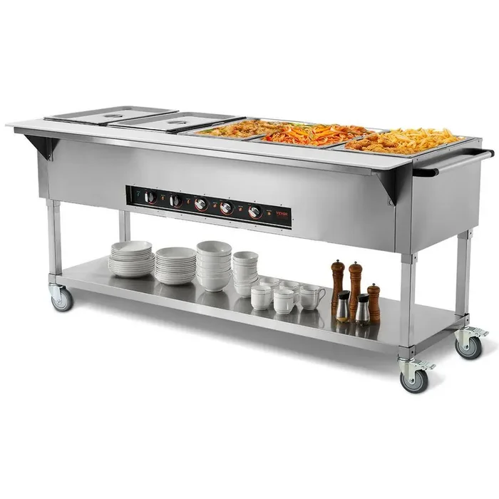 5-Pan Commercial Food Warmer 103 Qt. Silver Stainless Steel 3750-Watt Buffet Specialty Flatware 4-Wheels 2-Lockable
