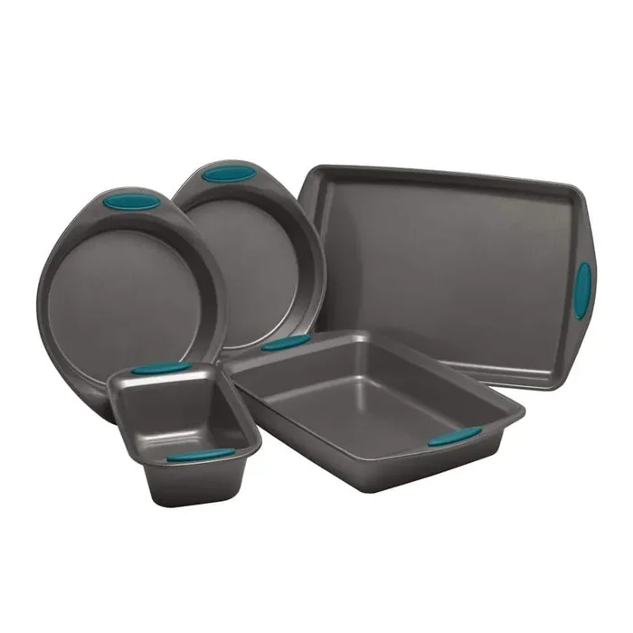 5-Piece Set Yum-o! Nonstick Oven Lovin‘ Bakeware Set, Gray with Marine Blue Handles