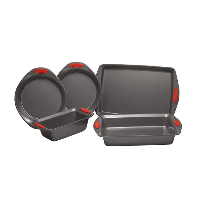 5-Piece Set Yum-o! Nonstick Oven Lovin‘ Bakeware Set, Gray with Red Handles