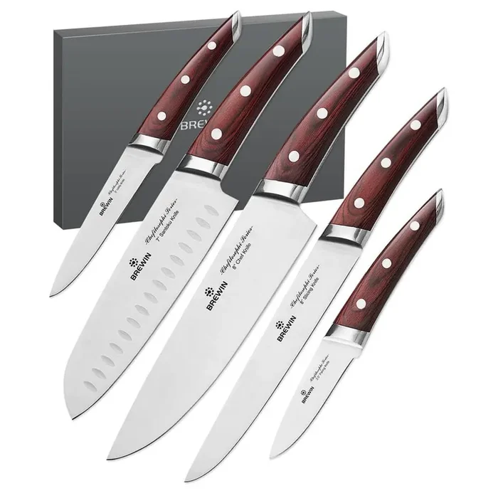 5-Piece Stainless Steel Japanese Knife Set with Elegant Red Pakkawood Handle, Professional Ultra Sharp Kitchen Knives