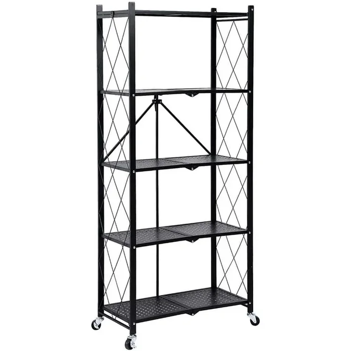 5-Tier Black Heavy Duty Foldable Metal Kitchen Cart with Wheels Moving Easily Organizer Shelves Great, 1250 lbs Capacity