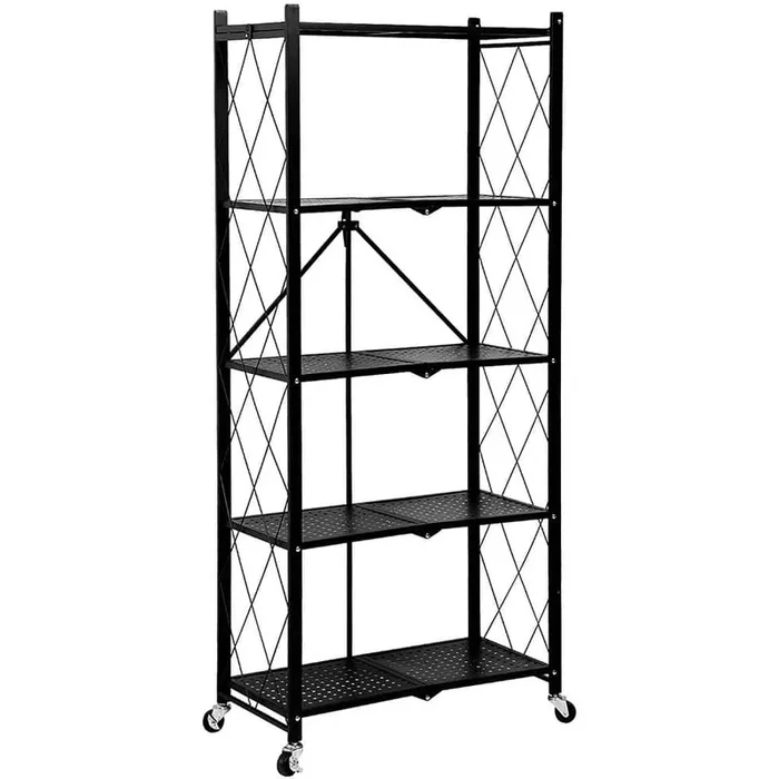 5-Tier Heavy Duty Foldable Metal Rack Storage Shelving Unit with Wheels Moving Easily Organizer Shelves Great, Black