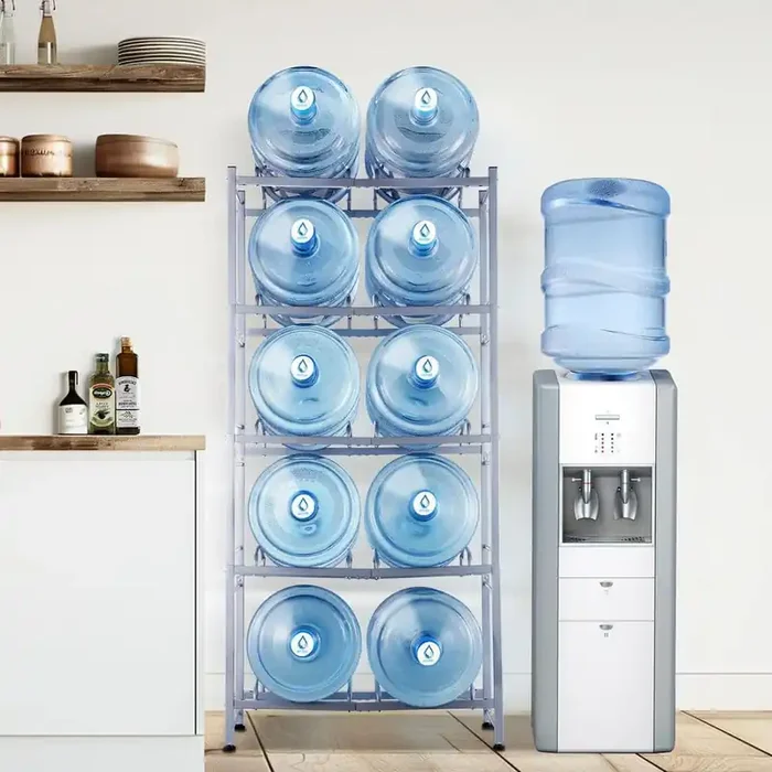 5-Tiers Water Jug Holder, 5 Gal. Water Bottle Holder, Double Row Water Bottle Rack for 10 Bottles, Silver Gray