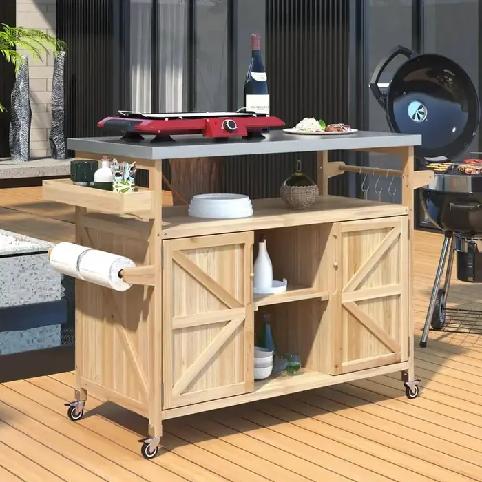 50 in. Natural Wood Stainless Steel Top Outdoor Kitchen Island Cart with Spice Rack, Towel Rack, Drawer, and Wheels