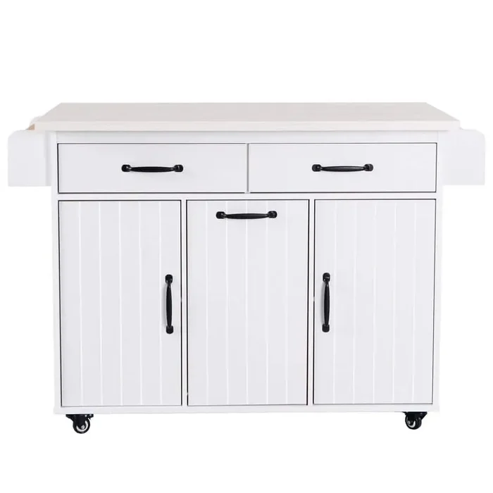 51 in. White Kitchen Cart with Cabinets, Drop Leaf, Spice Rack, Towel Rack and Drawer