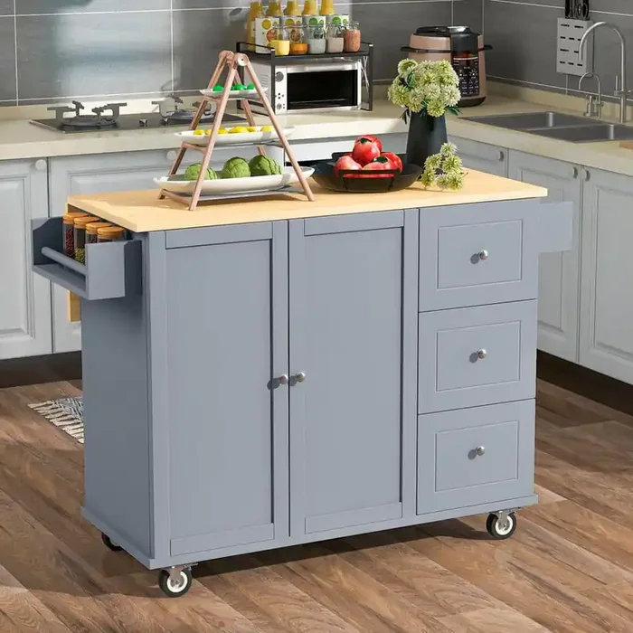 52.7 in. W Dusty Blue Mobile Kitchen Island with Locking Wheels, Storage Cabinet, Spice Rack, Towel Rack and Drawers