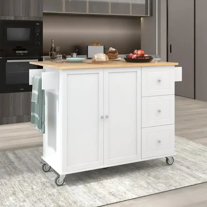 52.7 in. W White Rolling Mobile Kitchen Island with Locking Wheels, Storage Cabinet, Spice Rack, Towel Rack and Drawers