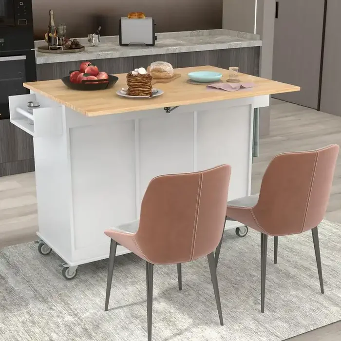 52.7 in. W x 17.71 in. D x 36.81 in. H White Rolling Mobile Kitchen Island with Solid Wood Top and Locking Wheels