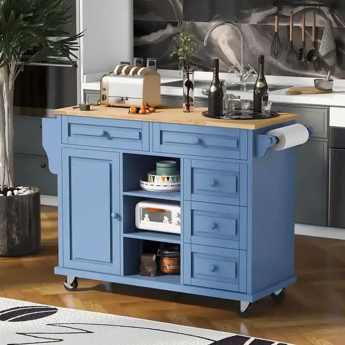 52.8 in. W Blue Kitchen Cart with Rubber Wood Desktop Rolling Mobile Kitchen Island with Storage and 5-Drawers