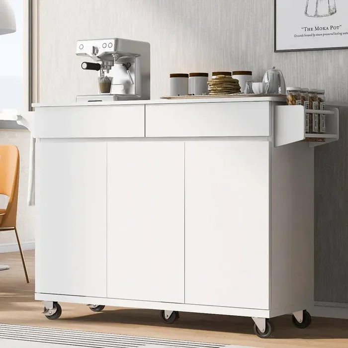 53.2 in. White Kitchen Cart Island with Drop Leaf, Spice Rack, Towel Rack, Drawers, Shelves, and Rolling Wheels