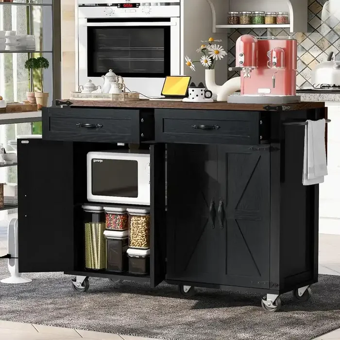 53.5 in. Black Rubber Wood Top Kitchen Island Cart with Power Outlet, Drop Leaf, Spice Rack, Drawer, Wheels, and Storage