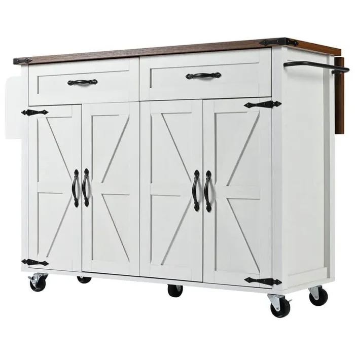 53.5 in. Rolling White Kitchen Cart with Power Outlet, Drop Leaf, Spice Rack and Drawer