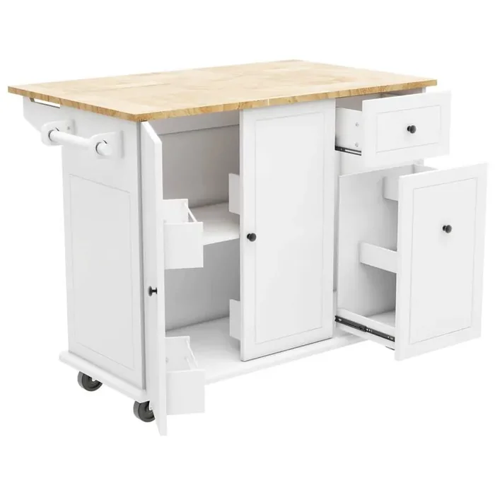 53.9 in. Rolling Kitchen Cart Island with Drop Leaf 3-Tier Pull-Out Storage, Spice/Towel Racks and Internal in White