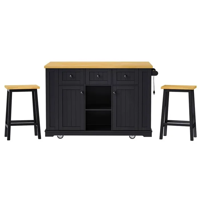 53 in. Black Wood Kitchen Cart with Cabinets and 3 Drawers