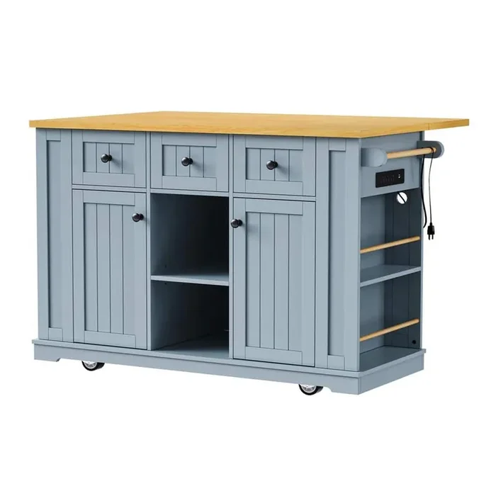 53 in. MDF Blue Kitchen Cart with Cabinets, Drop Leaf, Power Outlet and Door Internal Storage Rack