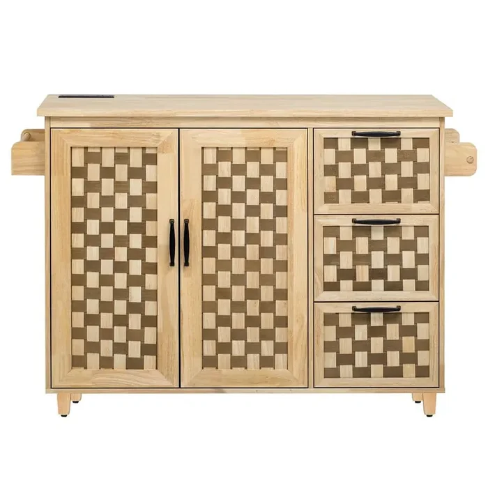 53 in. Natural Kitchen Cart on Wheels with Drop Leaf, Power Outlet, Internal Storage Rack and 3 Drawers 2 Cabinets