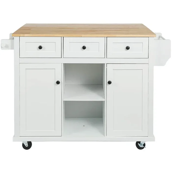 53 in. Rubber wood White Kitchen Cart with Cabinets, Drop-Leaf and Cabinet door internal storage racks