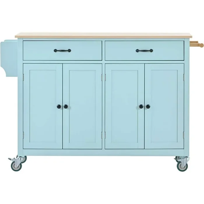 54.3 in. MDF Green Kitchen Cart with Cabinets, 4 Door Cabinet and Two Drawers, Spice Rack and Towel Rack