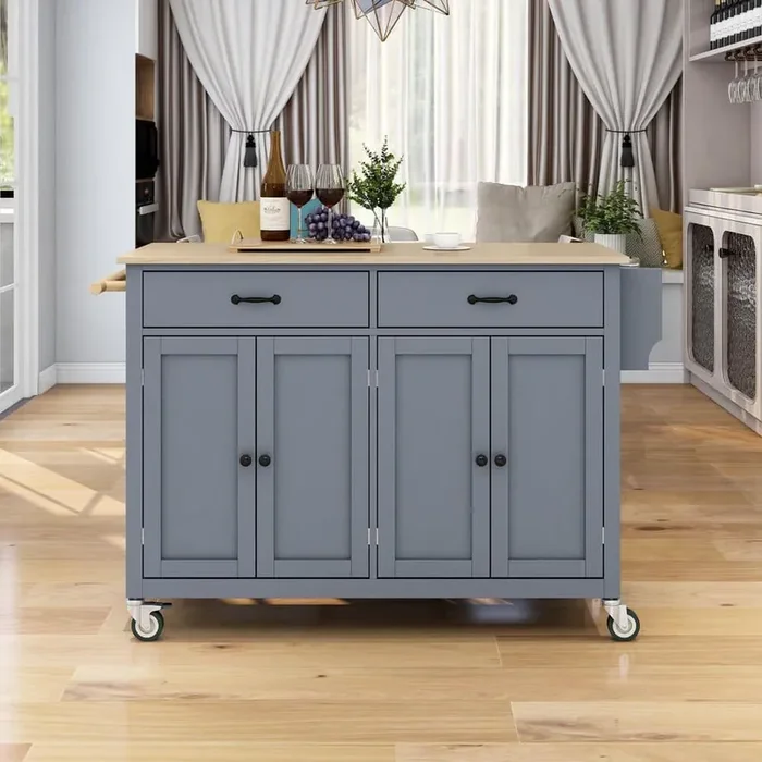 54.3 in. W Dusty Blue Kitchen Cart with Locking Wheels, 4-Door Cabinet and 2-Drawers, Spice Rack, Towel Rack