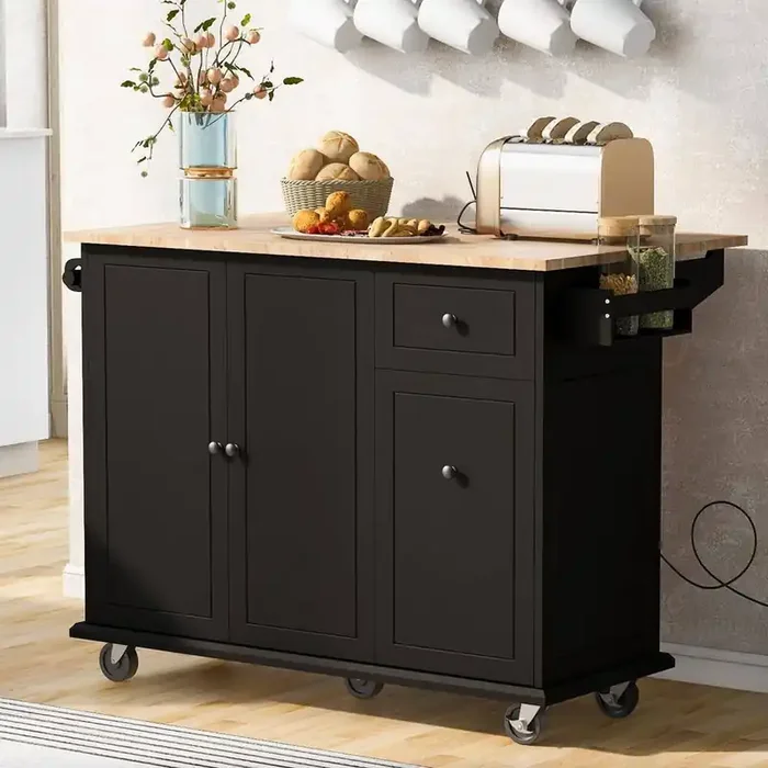 54 in. Black Rubber Wood Top Kitchen Island Cart with Drop Leaf, Internal Storage Rack, Pull-Out Cabinet, and Wheels