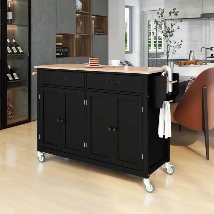 54 in. Black Solid Wood Top Kitchen Cart Island with 4-Door Cabinet, Drawers, Spice Rack, Towel Rack, and Wheels