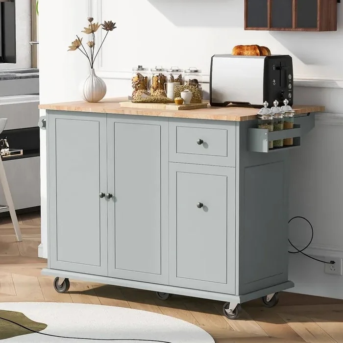 54 in. Gray Blue Rubber Wood Top Kitchen Island Cart with Drop Leaf, Internal Storage Rack, Pull-Out Cabinet, and Wheels