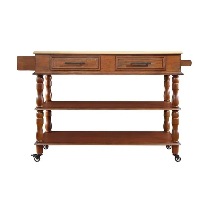 56.00 in. Walnut Wood Kitchen Cart with Solid Oak Wood Top and 2-sided Kitchen Island Cart on Wheels