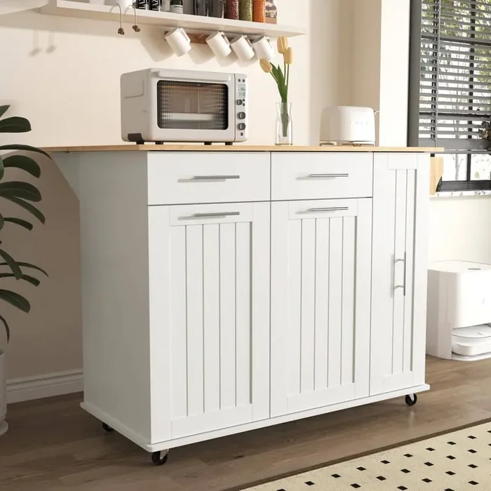 56 in. White MDF Kitchen Cart with Drop Leaf