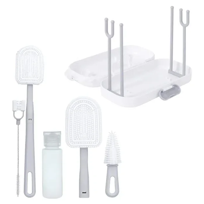 6.69in. 6 in 1 Silicone Bottle Cleaning Brush Set with Nipple Straw Brushes Soap Dispenser Drying Rack 1-Pack