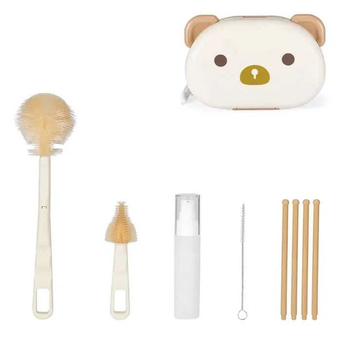 6.9in. Baby Bottle Brush Cleaner Kit with Silicone Nipple Straw Cleaner Drying Rack White Travel Set