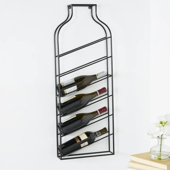 6- Bottle Black Minimalistic Bottle Shaped Wall Wine Rack with Open Style Frame
