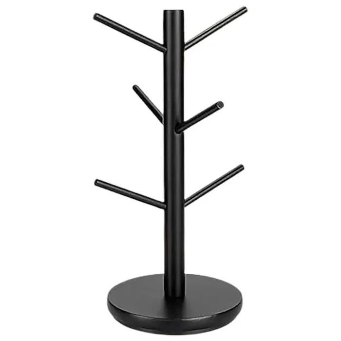 6-Hook Black Rotatable Wooden Mug Tree Space Saving Coffee Cup Holder Organizer for Counter or Bar