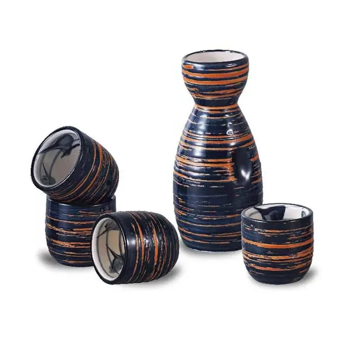 6 oz. Blue Sake Set 1 Tokkuri Bottle and 4 Ochoko Cups