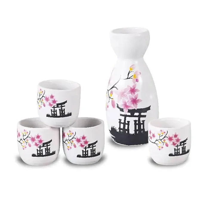 6 oz. Cherry Blossom Sake Set 1 Tokkuri Bottle and 4 Ochoko Cups