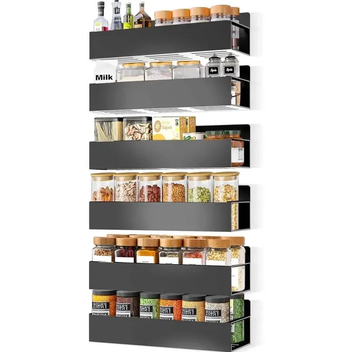 6-Pack Black Magnetic Spice Rack Organizer with Screw and Adhesive Hanging, Magnetic Shelf for Refrigerator