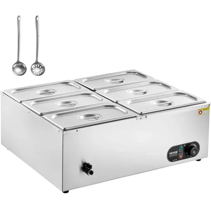 6-Pan Commercial Food Warmer, 6 qt. x 5 qt. Electric Steam Table, 1500-Watt Professional Countertop Stainless Steel