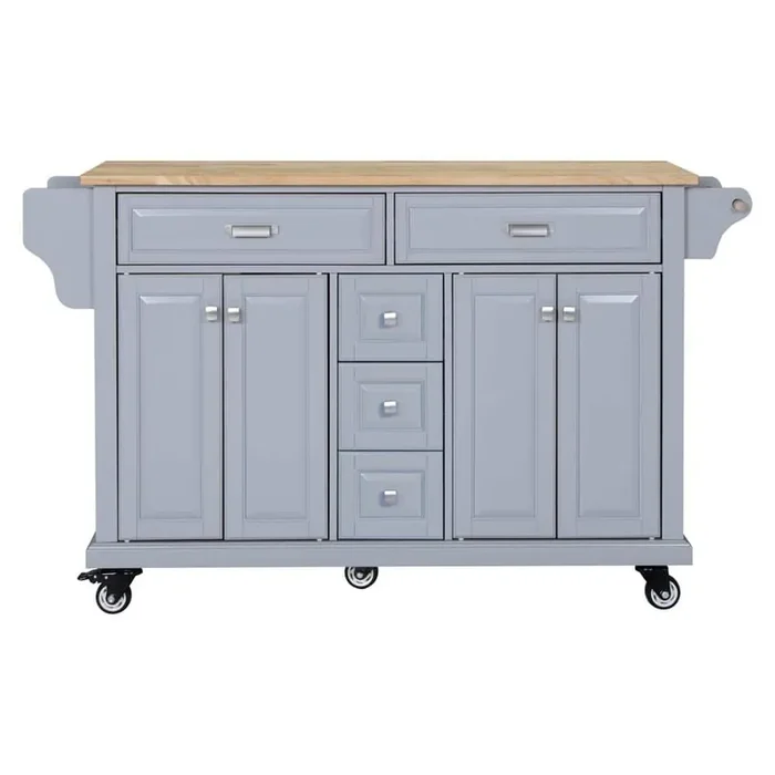 60.50 in. Gray Wood Kitchen Cart with Storage Cabinet and 5-Drawers