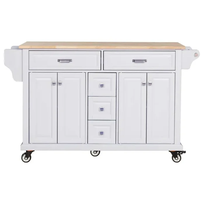 60.50 in. White Wood Kitchen Cart with Storage Cabinet and 5-Drawers