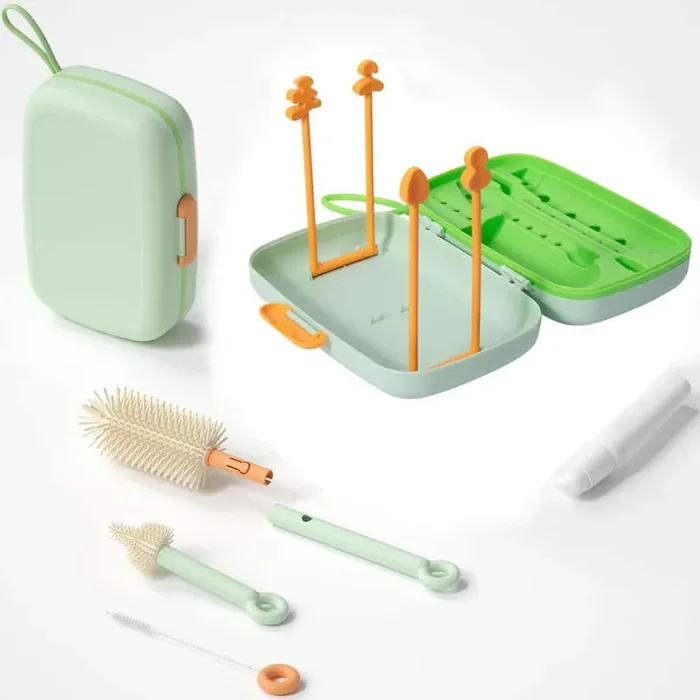 7.2in. Baby Bottle Cleaning Brush Kit Green with Nipple Straw Cleaner Drying Rack Storage Case Travel Set