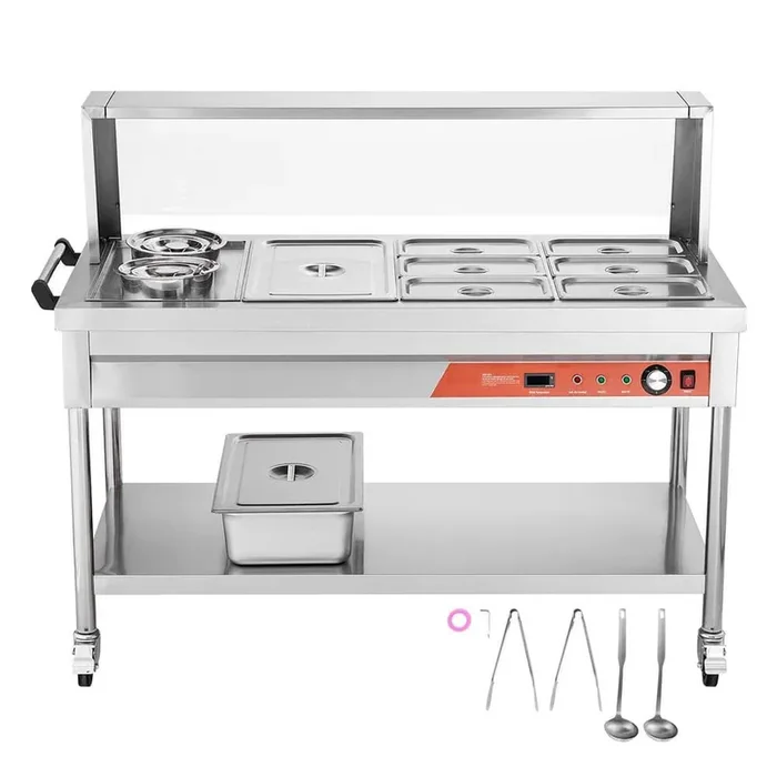 7-Pan + 2-Pot Commercial Food Warmer, 1800 W Buffet Catering Steam Table, Stainless Steel, Undershelf Shield and Wheels